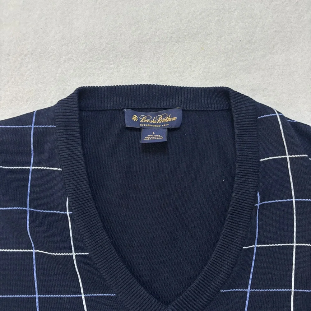 Brooks Brothers Mens Silk Cotton V-Neck Sweater Navy Windowpane Grid Large